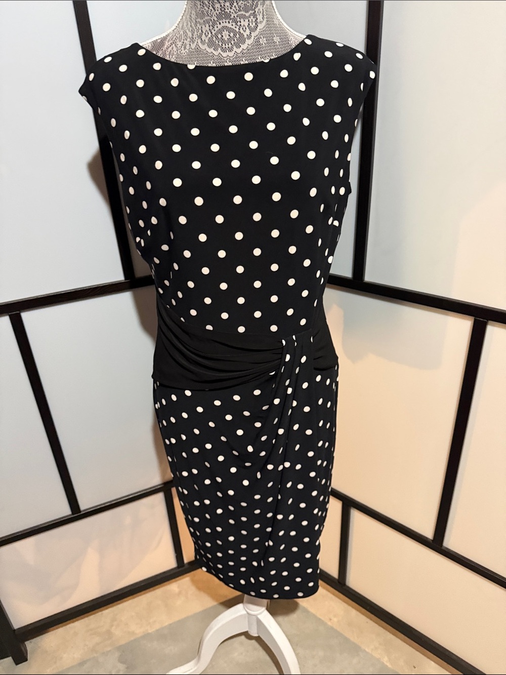 American Living Black Dress with White Polka Dots and Draped Waist